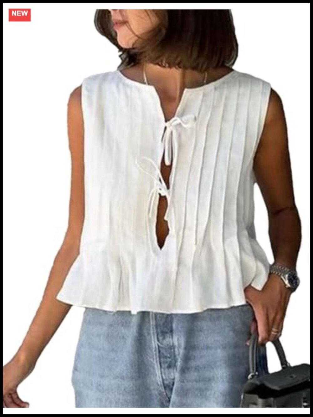 Women's Linen Tie Front Sleeveless Tank Top with Ruffle Hem